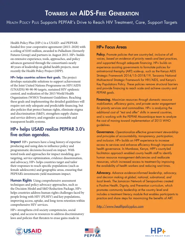 Towards an AIDS-free Generation: Health Policy Plus Supports PEPFAR's Drive to Reach HIV Treatment, Care, Support Targets