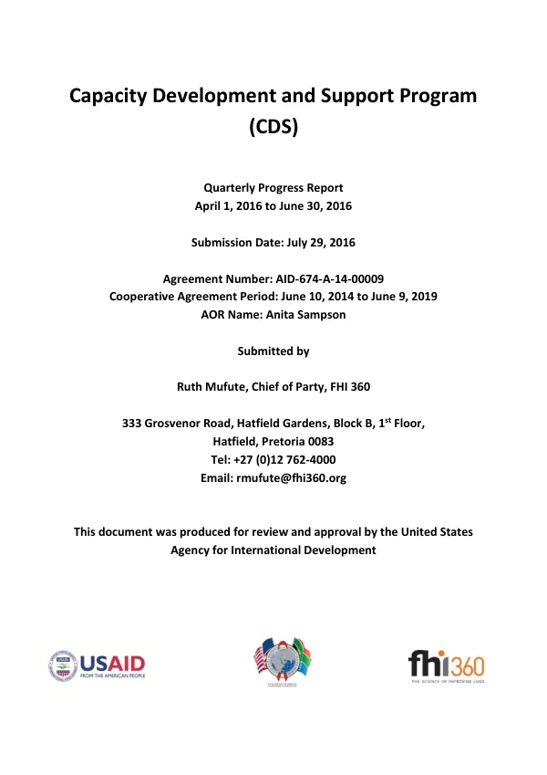 Capacity Development and Support Program (CDS) Quarterly Progress Report April 1, 2016 to June 30, 2016