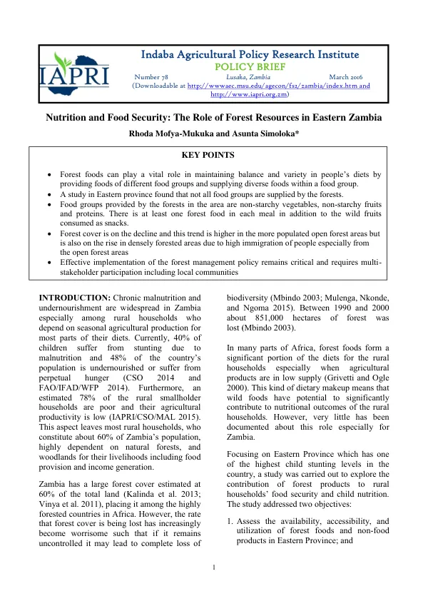 Nutrition and Food Security: The Role of Forest Resources in Eastern Zambia