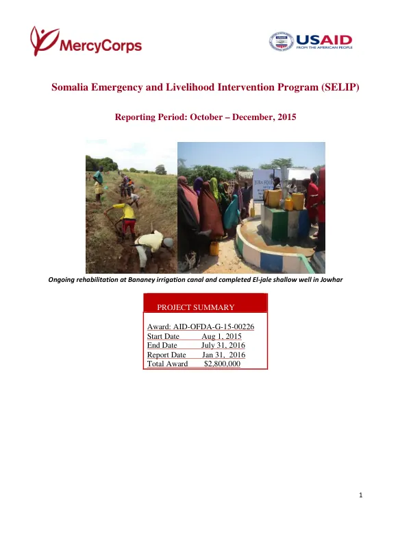 Somalia Emergency and Livelihood Intervention Program (SELIP) Report for October – December, 2015