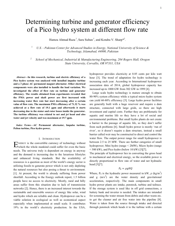 Determining turbine and generator efficiency of a Pico hydro system at different flow rate