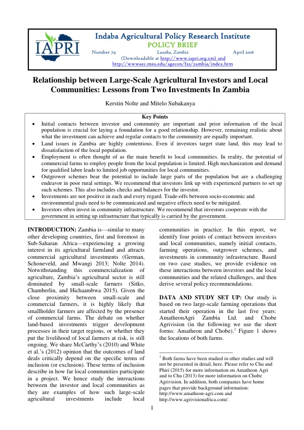 Relationship between Large-Scale Agricultural Investors and Local Communities: Lessons from Two Investments In Zambia