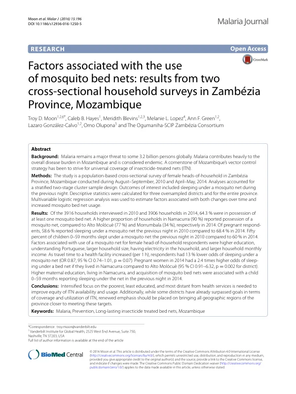 Factors associated with the use of mosquito bed nets: results from two cross-sectional household surveys in Zambézia Province, Mozambique