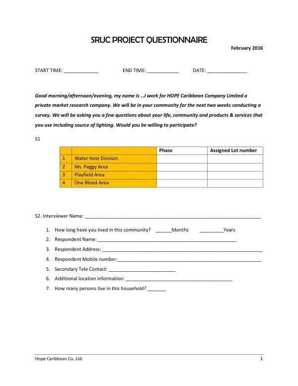 SRUC PROJECT QUESTIONNAIRE
