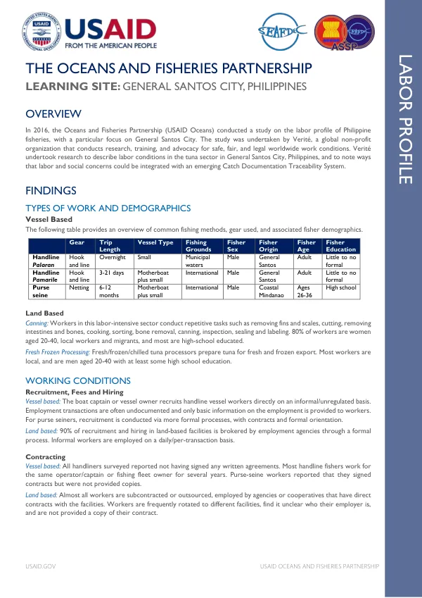 USAID Oceans and Fisheries Partnership: Labor Profile of Philippine Fisheries