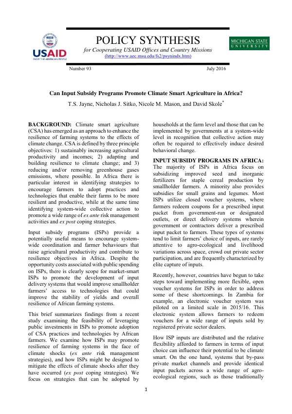 Can Input Subsidy Programs Promote Climate Smart Agriculture?