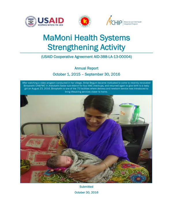 MaMoni Health Systems Strengthening Activity: FY’16 Annual Report