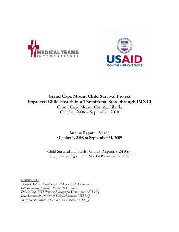 Improved child health in a transitional state through IMNCI (Integrated management of neonatal and childhood illness) : annual report - year 3, October 1, 2008 to September 31, 2009