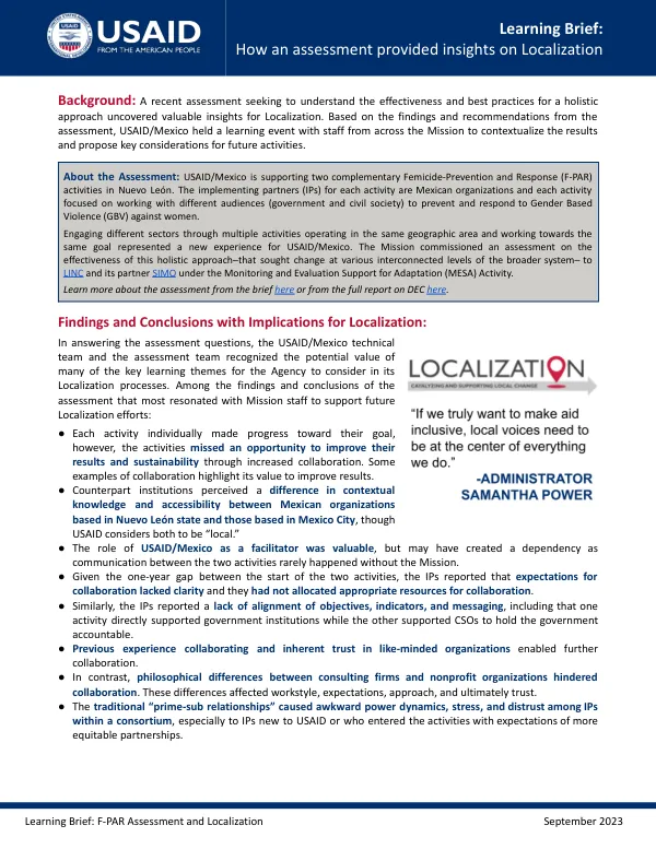 Learning Brief: F-PAR Assessment and Localization