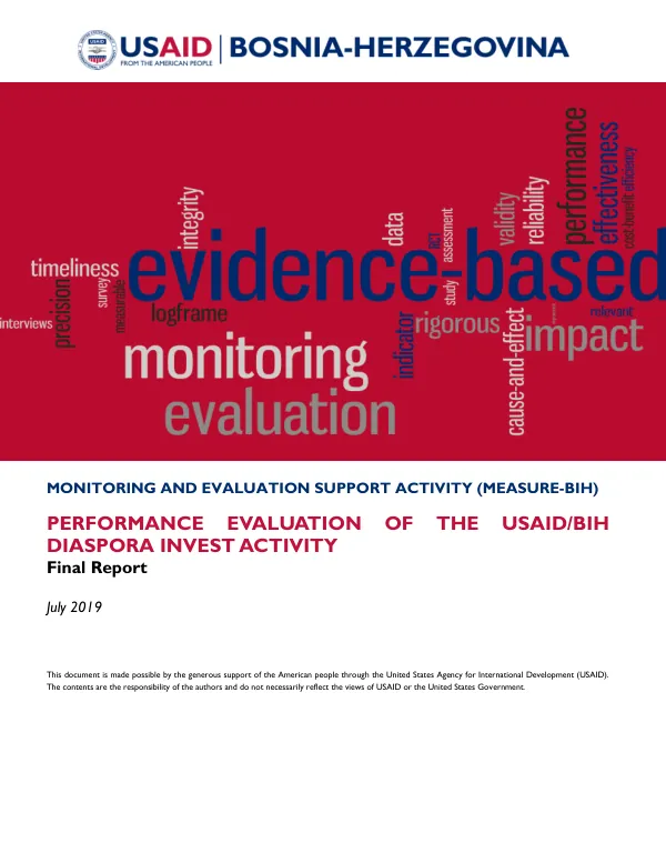 Monitoring and evaluation support activity (MEASURE-BIH) : performance evaluation of the USAID/BIH diaspora invest activity : final report