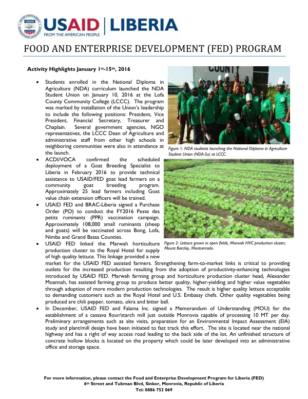 Food and Enterprise Development (FED) Program Activity Highlights January 1st-15th, 2016