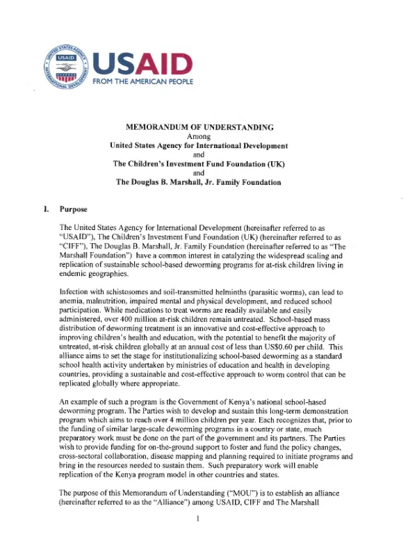 Memorandum of Understanding: Alliance for School-Based Deworming