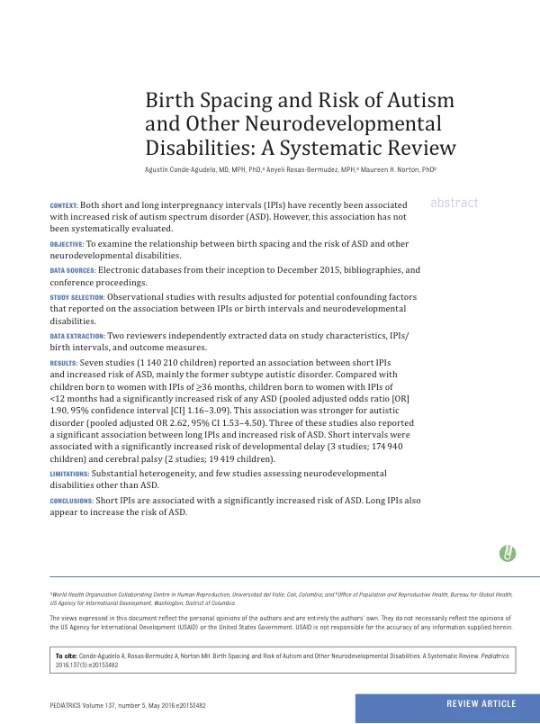 Birth Spacing and Risk of Autism and Other Neurodevelopmental Disabilities: A Systematic Review