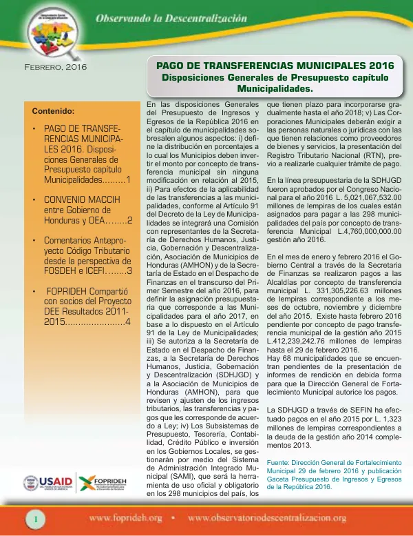 PAGO DE TRANSFERENCIAS MUNICIPALES 2016