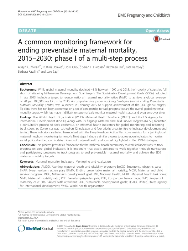A common monitoring framework for ending preventable maternal mortality, 2015–2030: phase I of a multi-step process