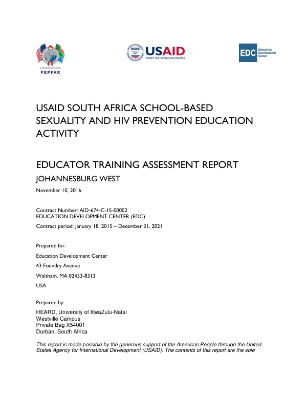 USAID SOUTH AFRICA SCHOOL-BASED SEXUALITY AND HIV PREVENTION EDUCATION ACTIVITY EDUCATOR TRAINING ASSESSMENT REPORT