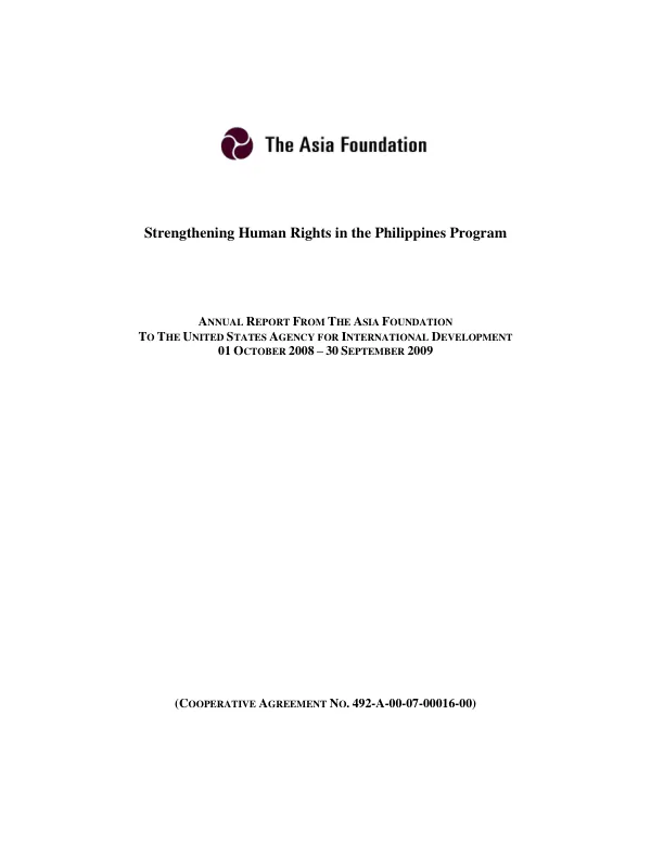 Strengthening human rights in the Philippines program : annual report from the Asia Foundation to the United States Agency for International Development -- 01 October 2008-30 September 2009