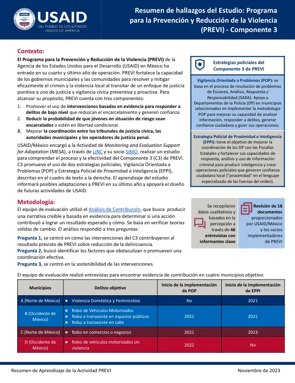Resumen de hallazgos del Estudio: Programa para la Prevención y Reducción de la Violencia (PREVI) - Componente 3