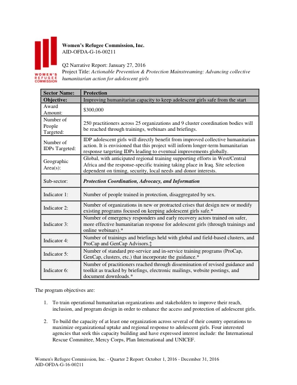 Quarter 2 Report: October 1, 2016 - December 31, 2016