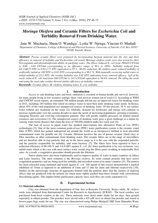 Moringa Oleifera and Ceramic Filters for Escherichia coli and Turbidity Removal From Drinking Water