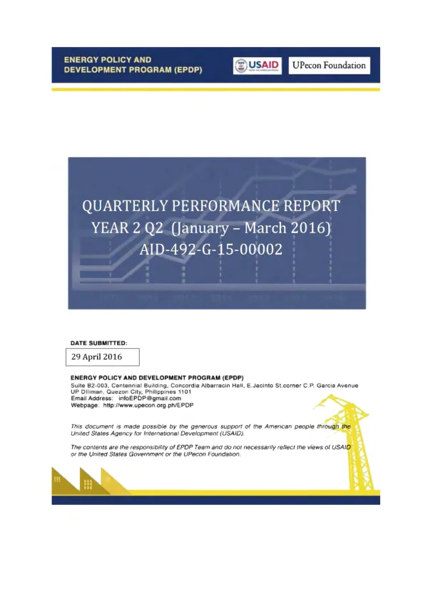 ENERGY POLICY AND DEVELOPMENT PROGRAM (EPOP) QUARTERLY PERFORMANCE REPORT YEAR 2 Q2 (Janu.ary- March 2016)