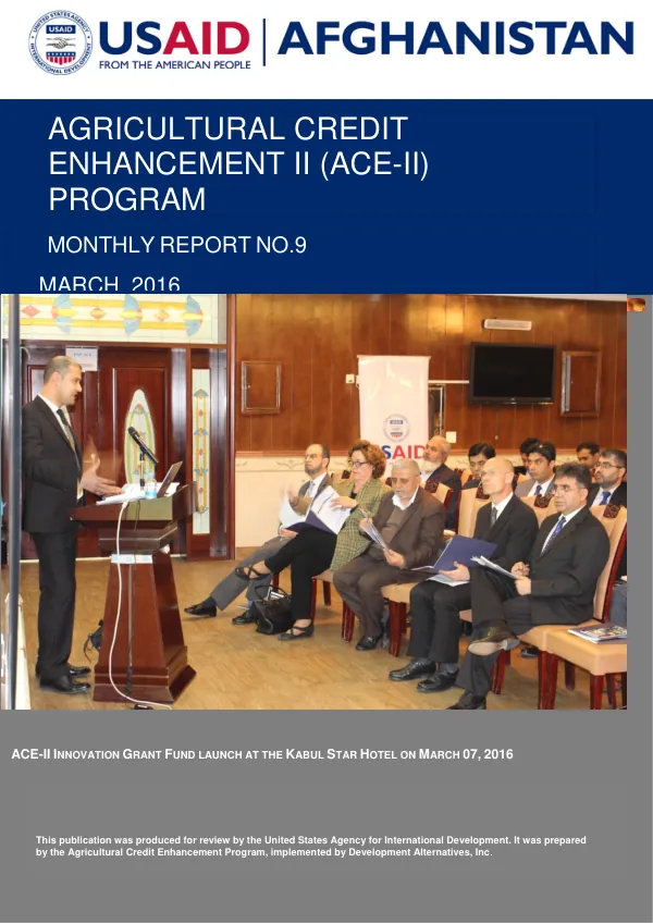 Agricultural Credit Enhancement (ACE) II Program Monthly Report No.9, March 2016