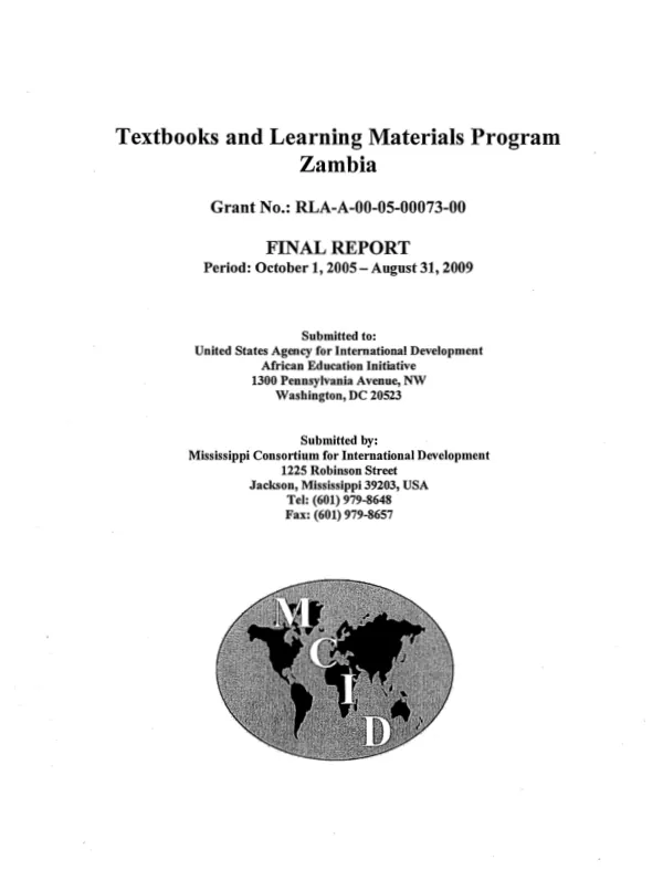 Textbooks and learning materials program, Zambia : grant no. RLA-A-00-05-00073-00 -- final report, period October 1, 2005-August 31, 2009