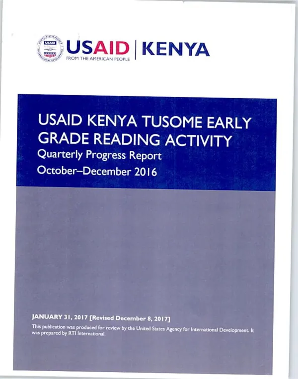 USAID KENYA TUSOME EARLY GRADE READING ACTIVITY Quarterly Progress Report October-December 2016
