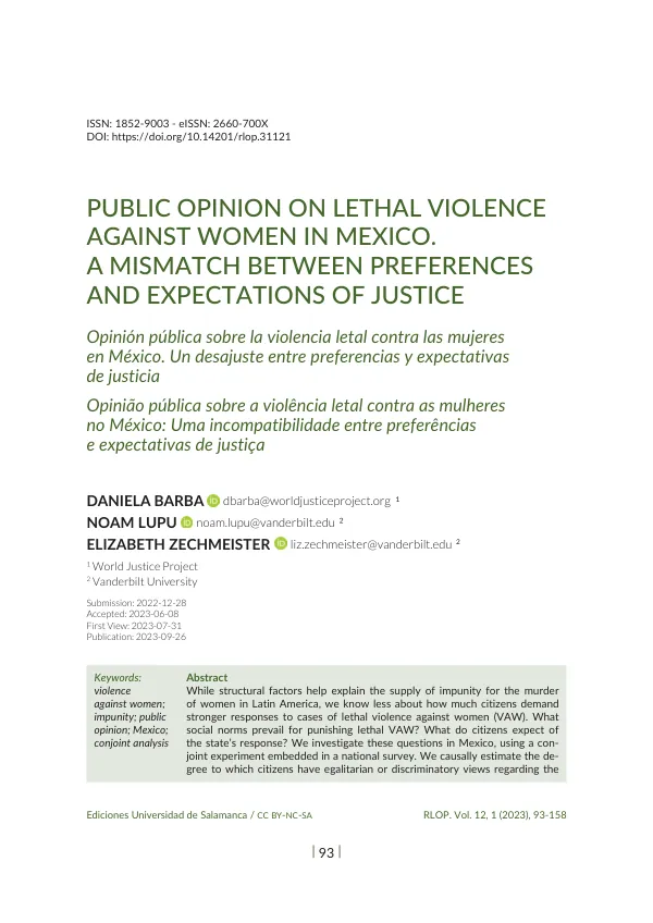 Public Opinion on Lethal Violence against Women in Mexico. A Mismatch Between Preferences and Expectations of Justice