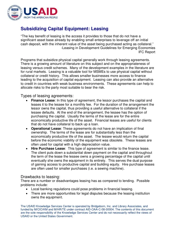 Subsidizing capital equipment : leasing