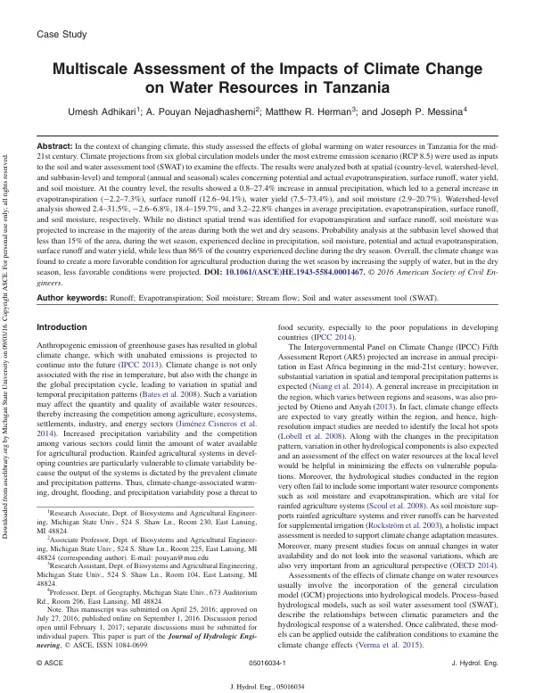 Multiscale Assessment of the Impacts of Climate Change on Water Resources in Tanzania