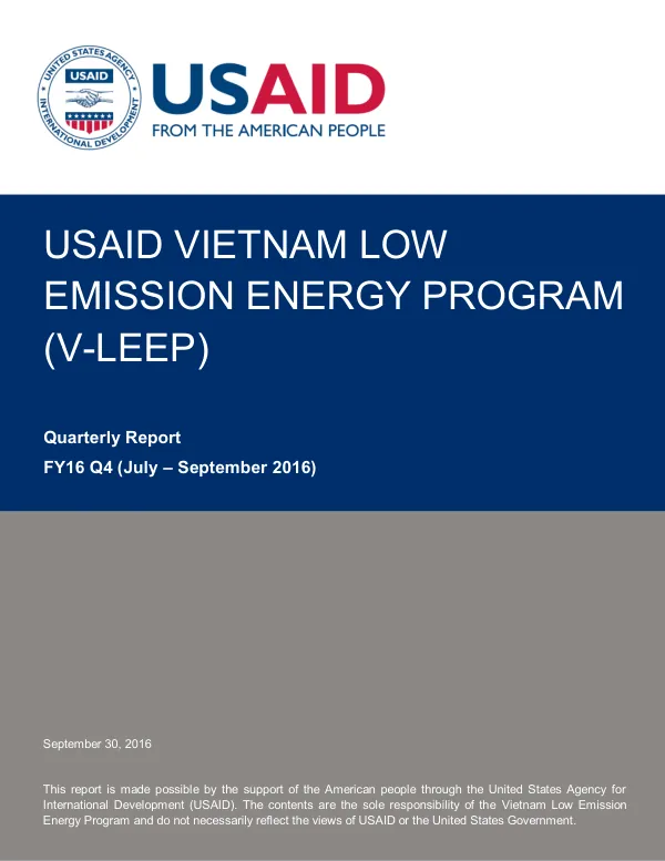 USAID Vietnam Low Emission Energy Program (V-LEEP) Quarterly Report FY16 Q4 (July – September 2016)
