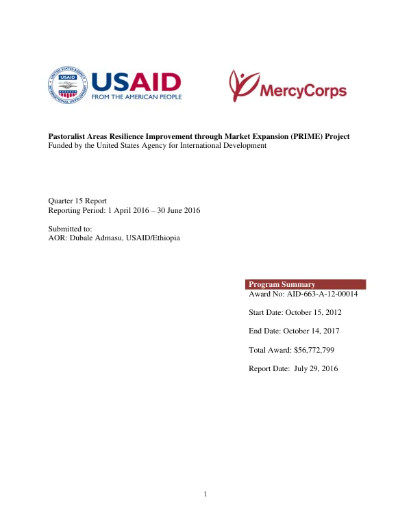 Pastoralist Areas Resilience Improvement through Market Expansion (PRIME) Project Quarter 15 Report