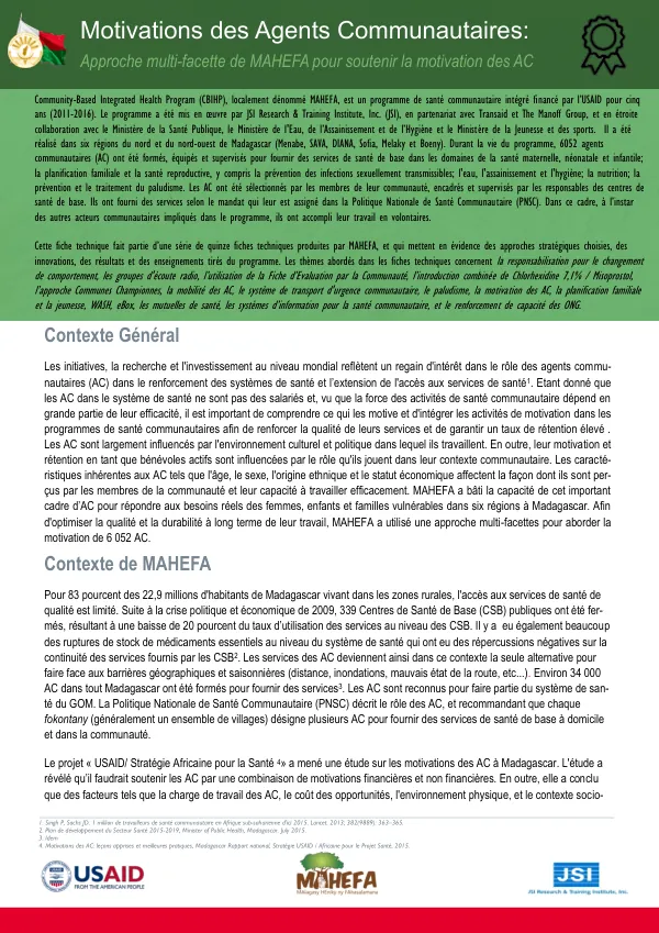 Motivations des Agents Communautaires: Approche multi-facette de MAHEFA pour soutenir la motivation des AC