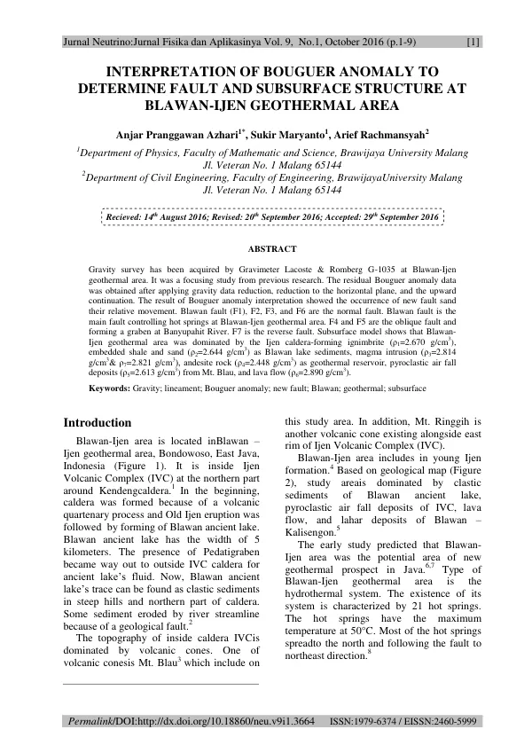 Interpretation of Bouguer Anomaly to Determine Fault and Subsurface Structure at Blawan-Ijen Geothermal Area