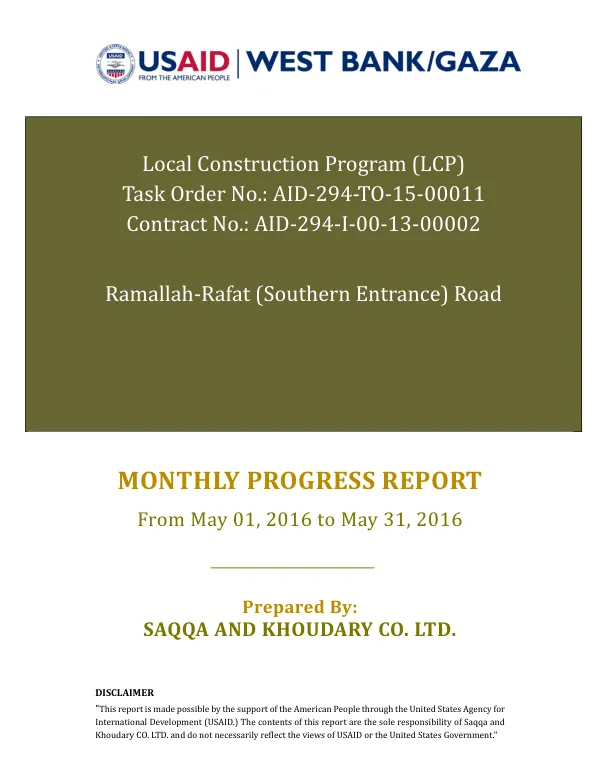 Monthly Progress Report: Ramallah-Rafat (Southern Entrance) Road