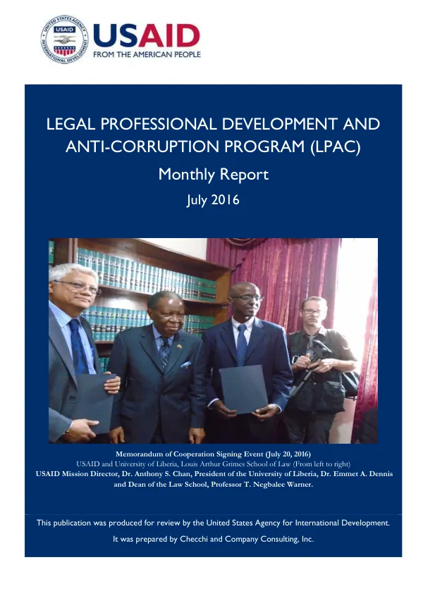 Legal Professional Development and Anti-Corruption Program in Liberia (LPAC) Monthly Report – July 2016