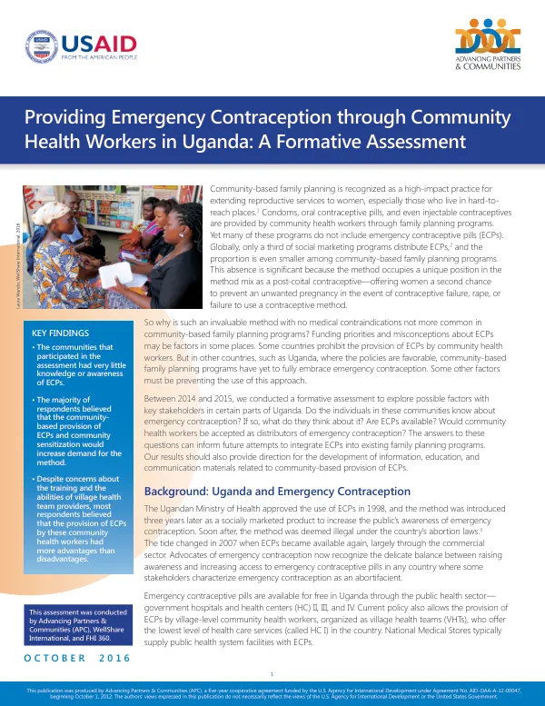 Providing Emergency Contraception through Community Health Workers in Uganda: A Formative Assessment