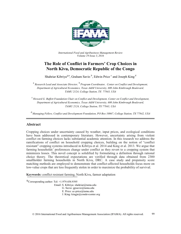 The Role of Conflict in Farmers’ Crop Choices in North Kivu, Democratic Republic of the Congo