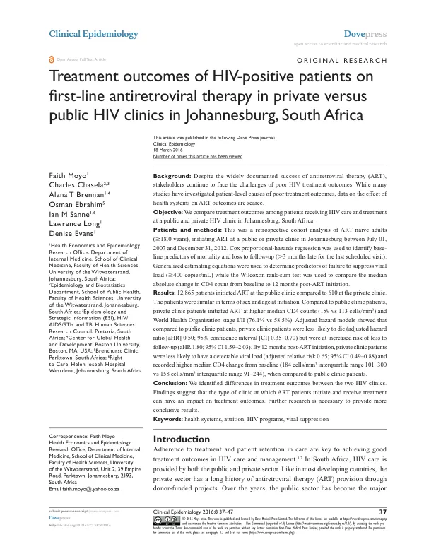 Treatment outcomes of HIV-positive patients on first-line antiretroviral therapy in private versus public HIV clinics in Johannesburg, South Africa