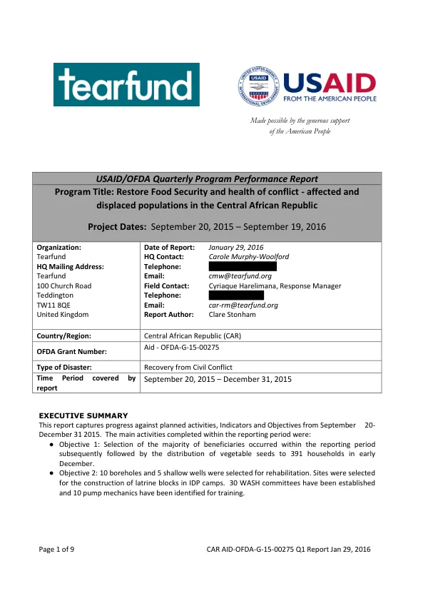 USAID/OFDA Quarterly Program Performance Report: Restore Food Security and health of conflict-affected and displaced populations in the Central African Republic