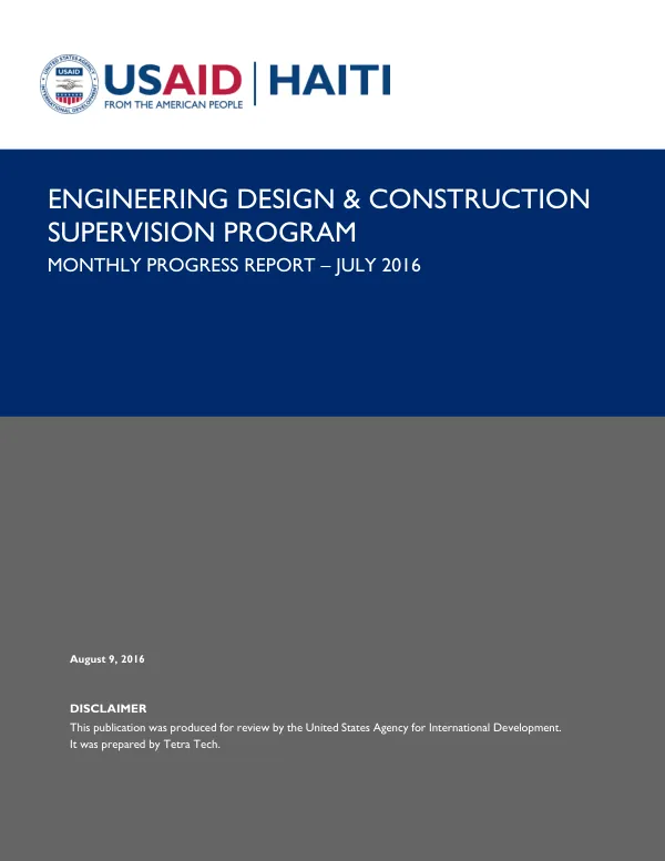 Engineering Design & Construction Supervision Program Monthly Progress Report – July 2016