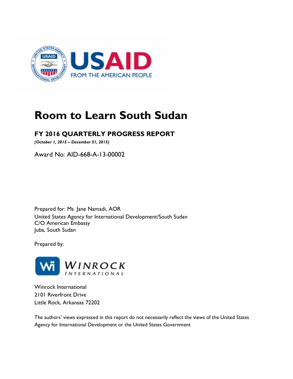Room to Learn South Sudan FY16, Quarter 1 Progress Report