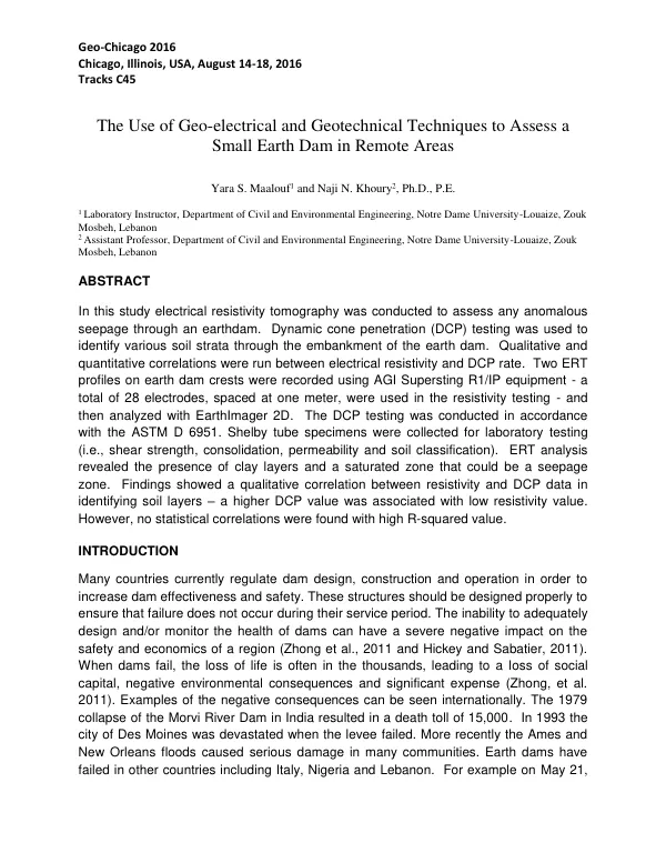 The Use of Geo-electrical and Geotechnical Techniques to Assess a Small Earth Dam in Remote Areas