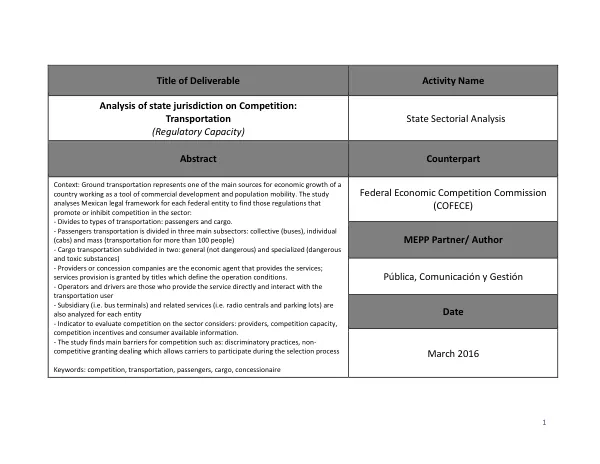 Analysis of state jurisdiction on Competition: Transportation (Regulatory Capacity) State Sectorial Analysis