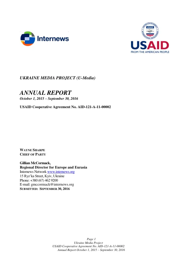 Ukraine Media Project Annual Report October 1, 2015 – September 30, 2016