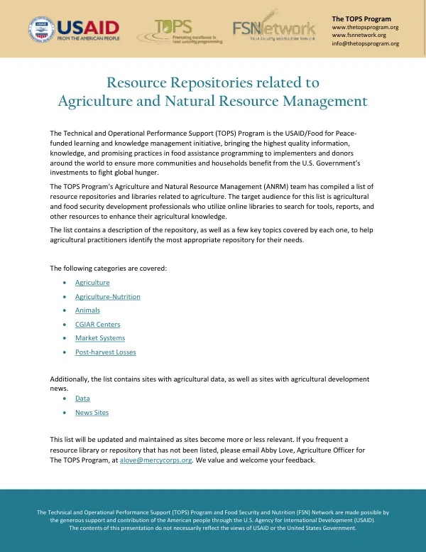 Technical and Operational Performance Support (TOPS) Program and Food Security and Nutrition (FSN) Network Resource Repository