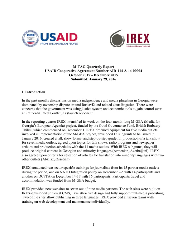 M-TAG Quarterly Report October 2015 – December 2015