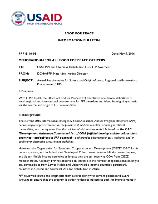 Award Requirements for Source and Origin of Local, Regional, and International Procurement (LRP)