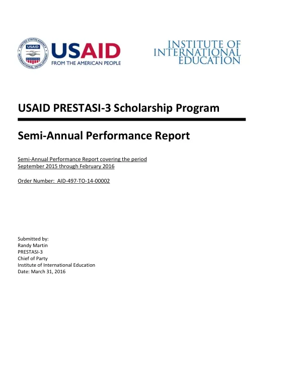 USAID PRESTASI-3 Scholarship Program Semi-Annual Performance Report